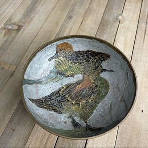 Vintage Decorative Hand Painted Brass Bowl with Ducks